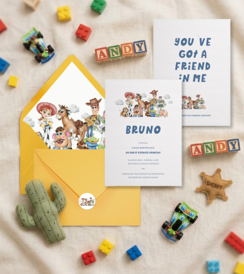 Żółte zaproszenia na urodziny dziecka dla chłopca i dziewczynki z Toy Story.