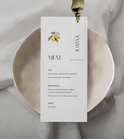 Menu z winietką - oliwkowa wstążka szyfonowa, cytrynki, toscania.