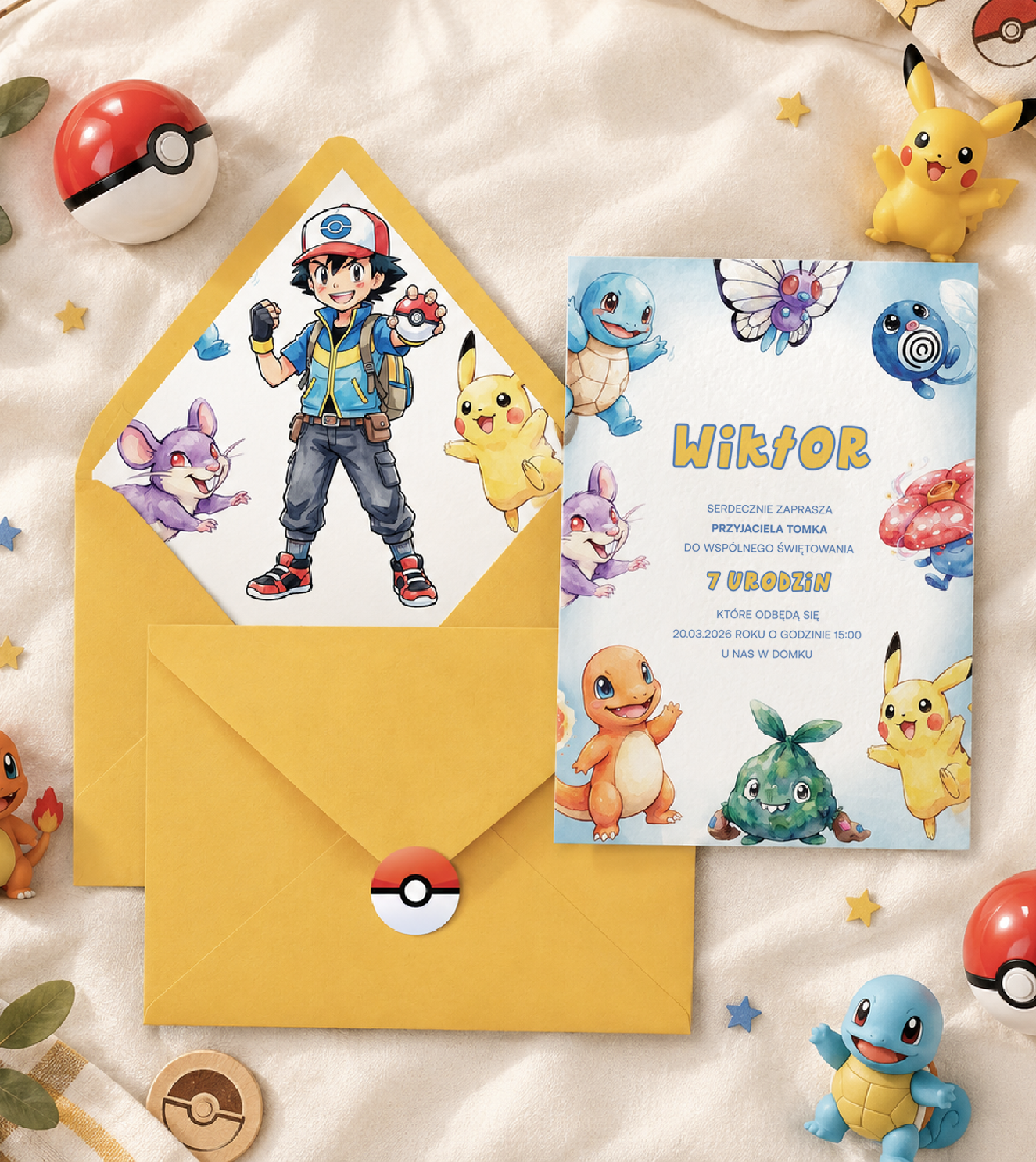 Zaproszenia na urodziny dziecka, dla dziewczynki i chłopca. Motyw zaproszenia na urodziny pokemon, pikaczu, charmander, buterfree