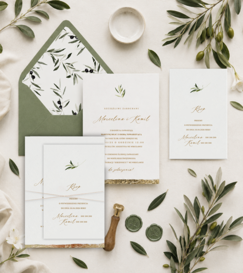 Zaproszenia ślubne personalizowane, glamour, greenery, rustykalne. Motyw - oliwki, listek oliwny.