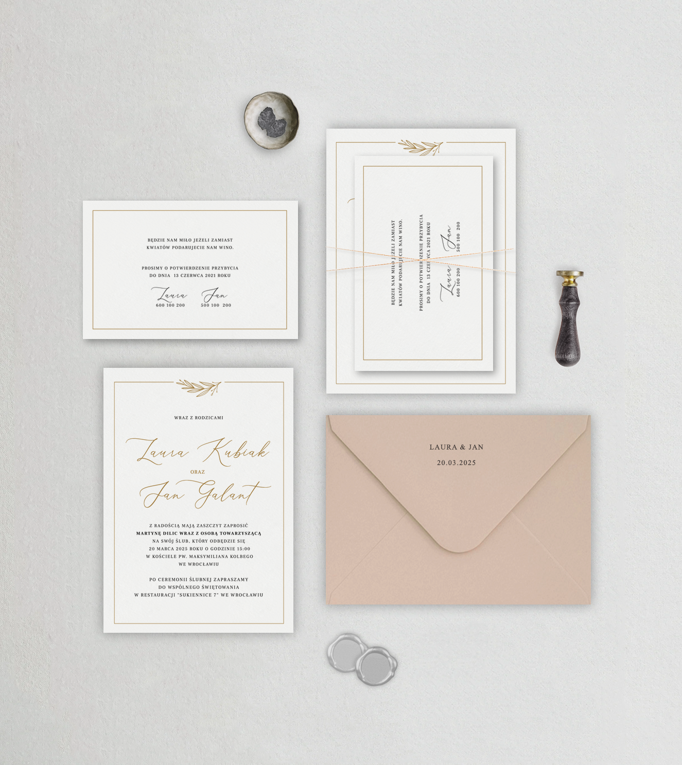 Zaproszenie ślubne - Liście oliwne | Złote