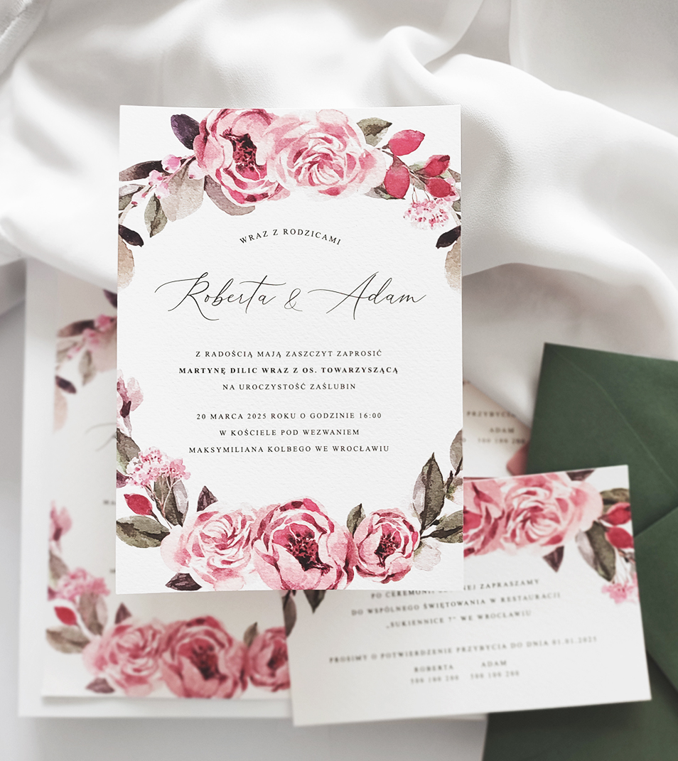 Zaproszenia ślubne - Watercolorowe peonie | Piwonie | Akwarela | Różowe
