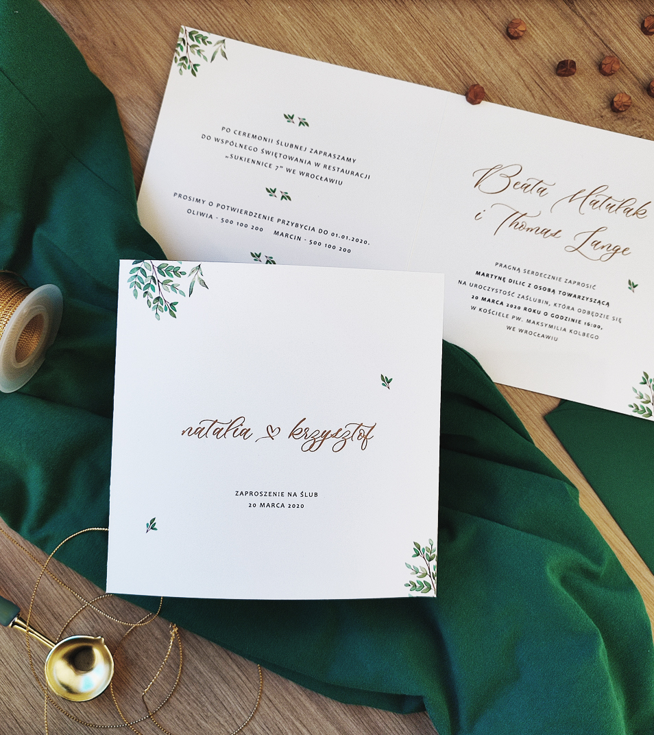 Zaproszenia ślubne - Greenery No. 1 | Zielone | Złote