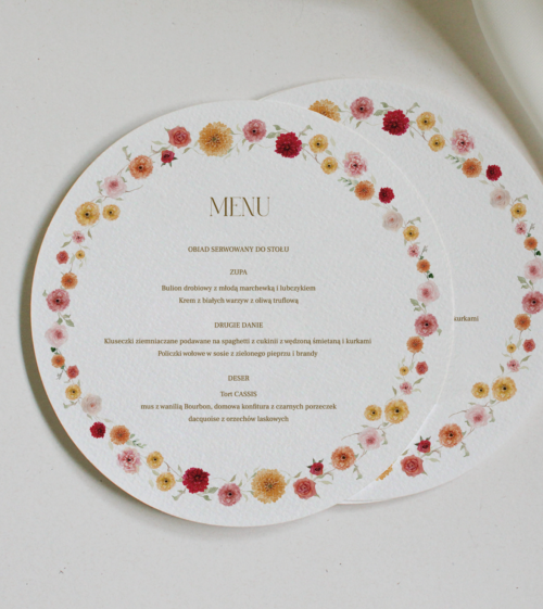 Menu żółte, akwarelowe, kwiaty. Okrągłe menu na talerz o średnicy 17 cm.