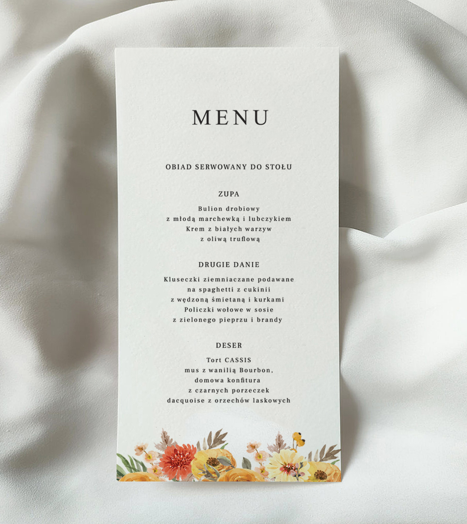 Jesienne, żółte, leżące menu weselne w stylu boho. Elementy graficzne menu - żółte, pomarańczowe kwiaty, suszki, trawa pampasowa.