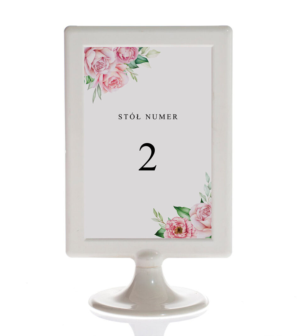 Różowe numerki na stół w ramce, w stylu glamour.