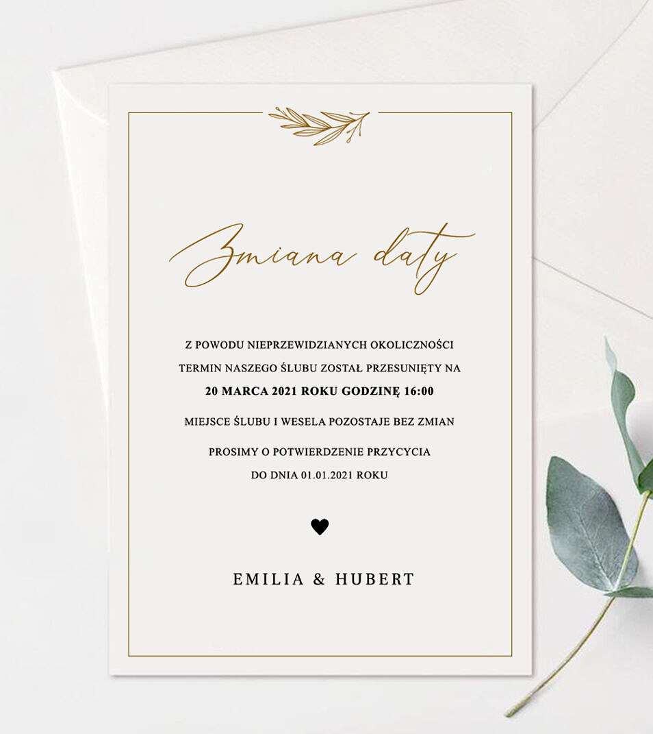 Zmiana daty ślubu karta informacyjna liście oliwne złoto