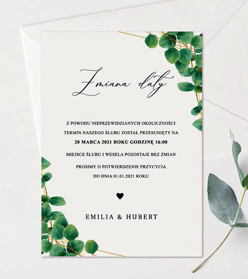 Zmiana daty ślubu karta informacyjna eukaliptus