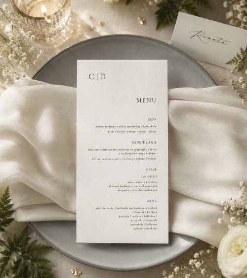 Minimalistyczne, eleganckie, luksusowe menu weselne, leżące z inicjałami Młodej Pary.