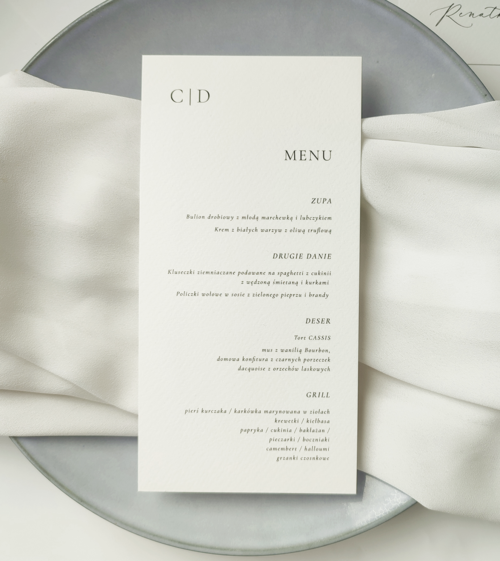 Minimalistyczne, eleganckie, luksusowe menu weselne, leżące z inicjałami Młodej Pary.