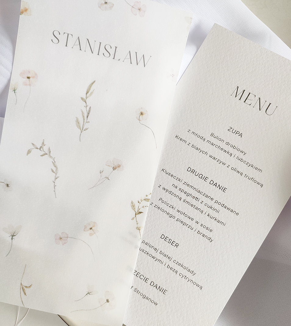Minimalistyczne menu z winietką. Winietka ślubna w kwiaty, prostokątna, delikatna, nietypowa.
