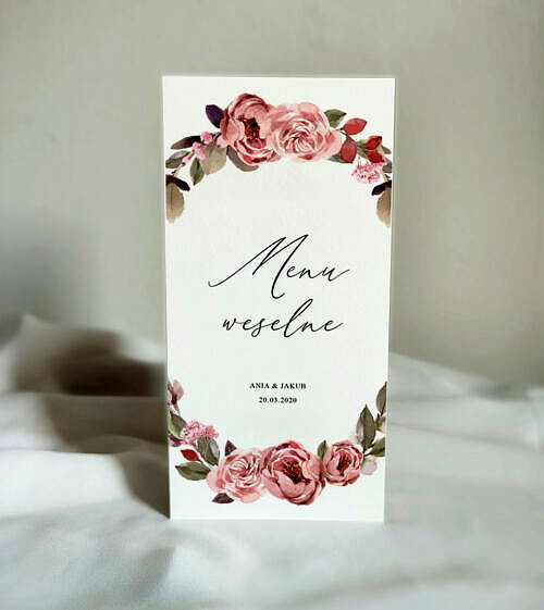 Kwiatowe menu weselne, w kolorze brudny róż. Eleganckie w stylu akwarela, watercolor. Kwiaty - piwonie, peonie.