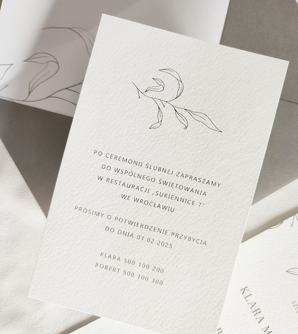 Dodatkowy bilecik do zaproszeń ślubnych - rsvp, o wymiarach 9x14 cm z motywem listków.