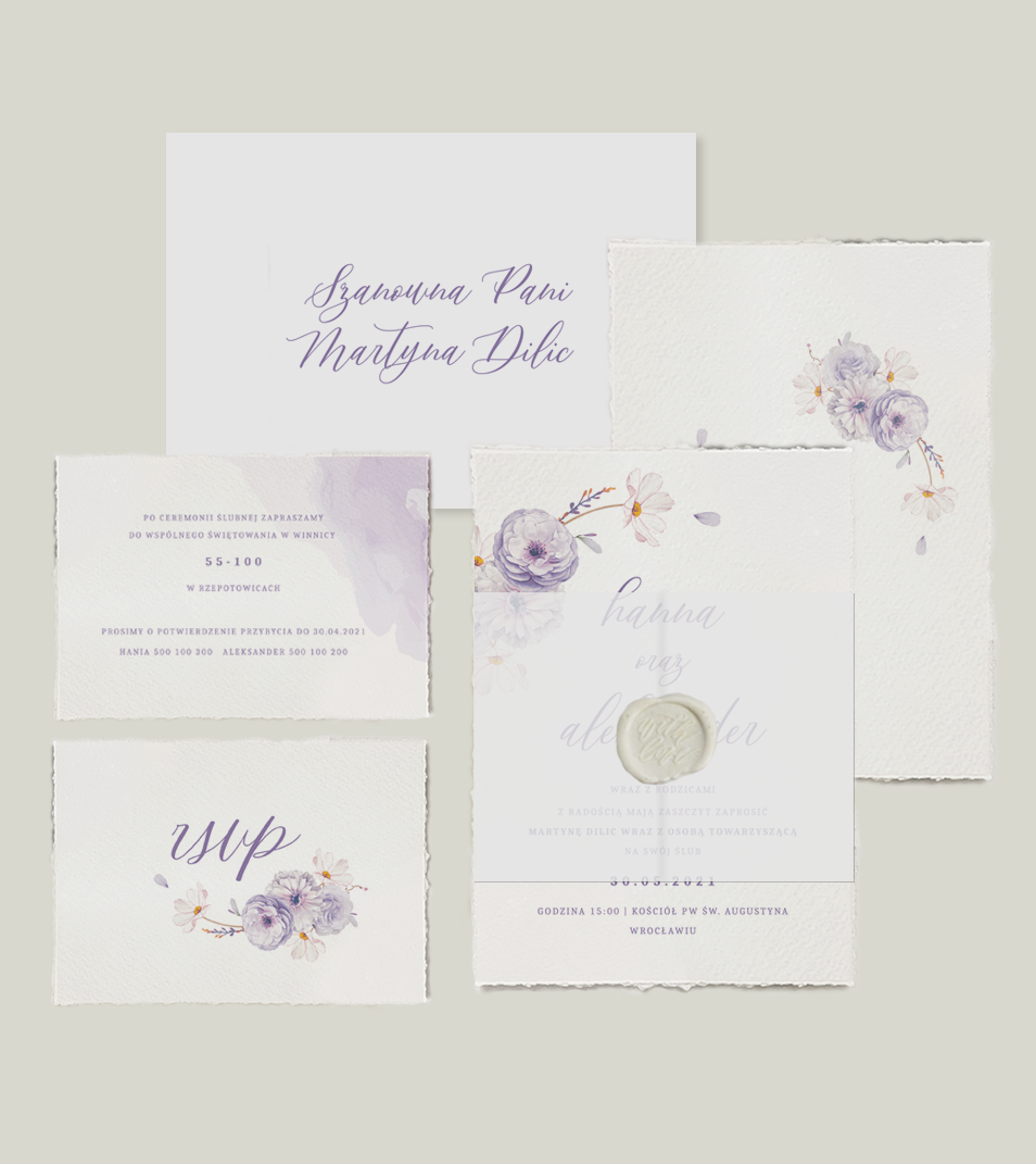 Romantyczne, elegackie zaproszenia ślubne, fioletowe, z kalką i lakiem. Zastosowany papier to papier czerpany.