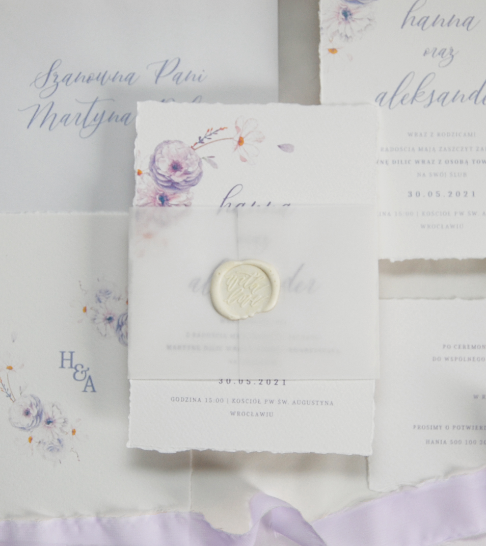 Zaproszenia ślubne - Fioletowe | Transparentne | Kwiatowe
