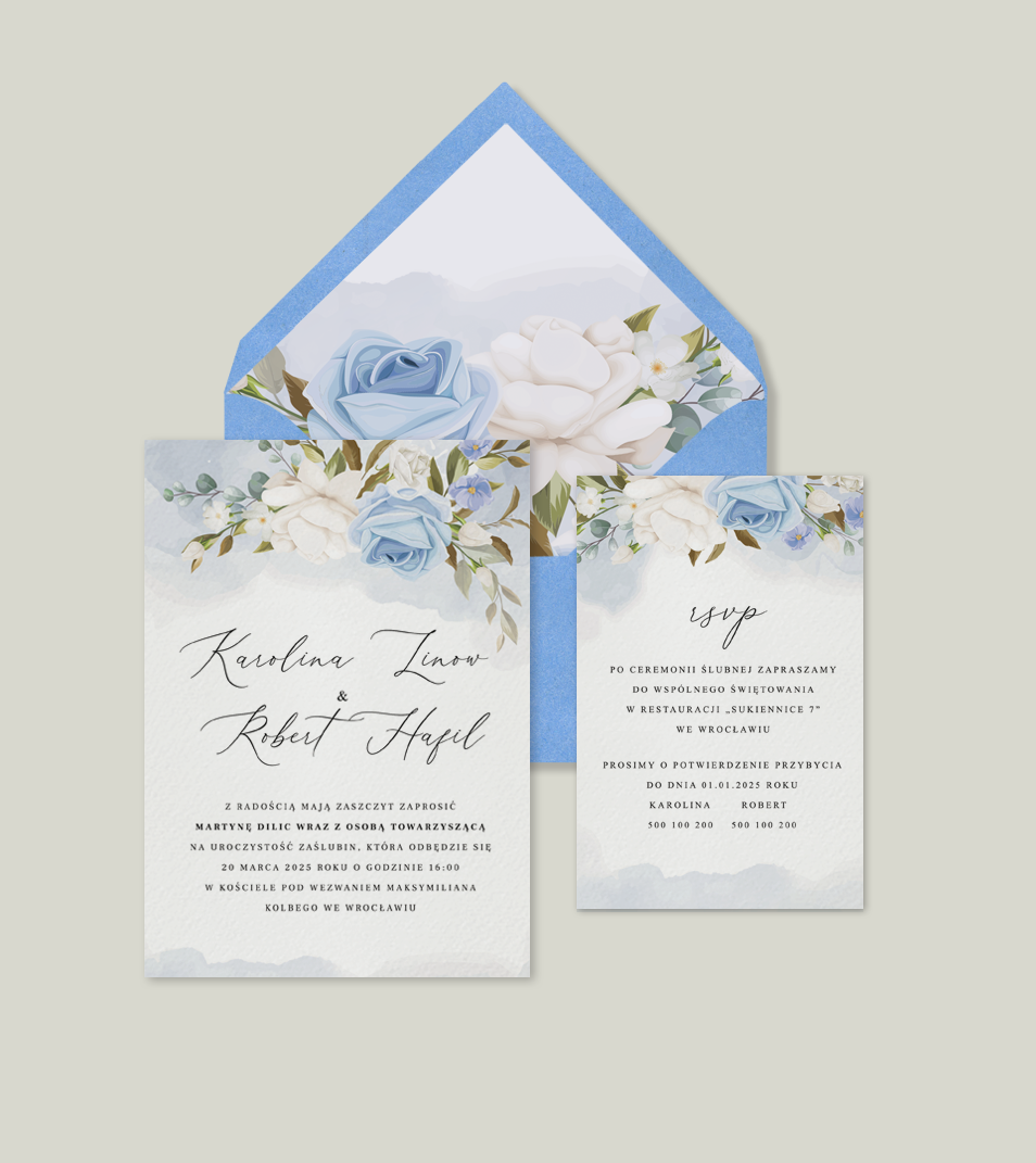 Niebieskie i białe zaproszenia ślubne z efektem akwareli. Eleganckie, romantyczne z kwiatami.