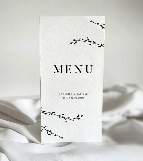 Minimalistyczne menu weselne, otwierane. Motyw przewodni - gałązki.