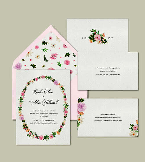 Różowe, eleganckie zaproszenie ślubne. Motyw przewodni zaproszeń - piwonie, róże, listki.