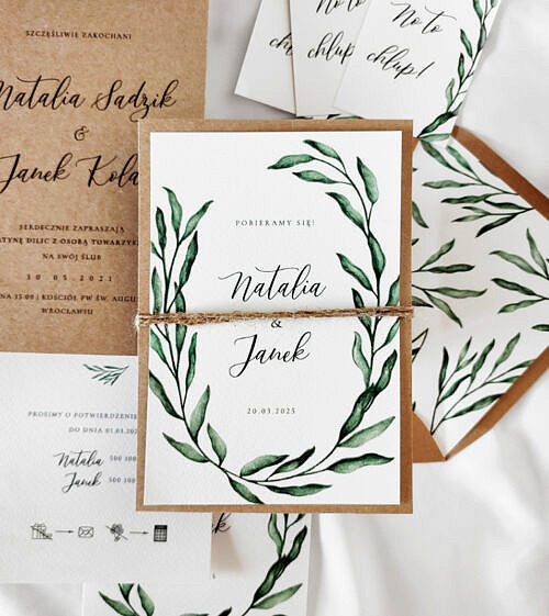 Zaproszenia ślubne, rustykalne, wykonane na eco papierze. Kolor - zielone, w odcieniu boho.