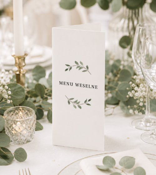 eleganckie menu weselne w stylu boho. Motyw przewodni menu - zielone, khaki listki.