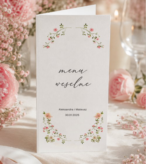 Różowe, delikatne, eleganckie menu weselne w odcieniu -pudrowy róż, z elementem zieleni. Styl - akwarela, atercolor.