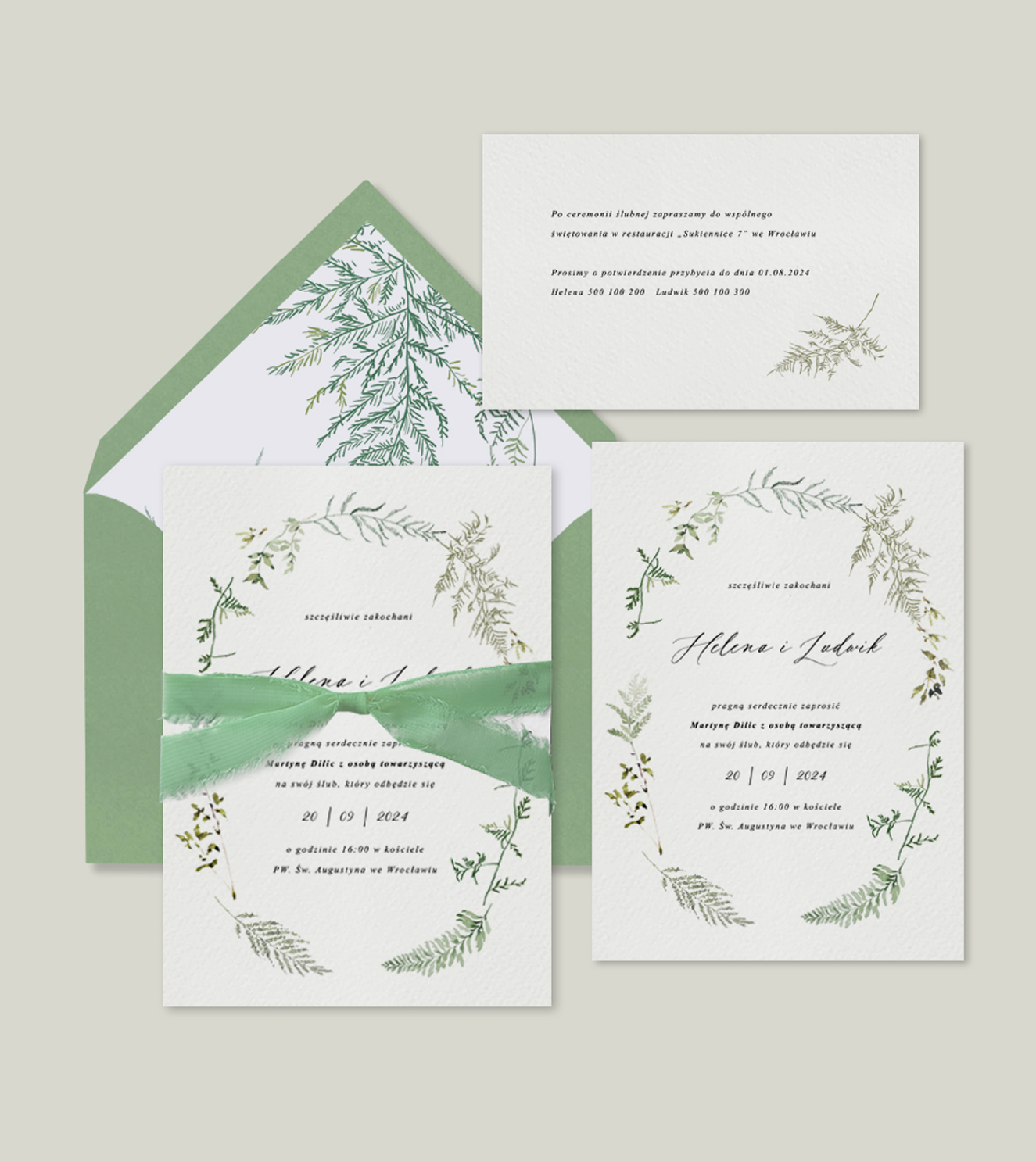 Zielone, nowoczesne, delikatne, romantyczne zaproszenia ślubne z zielona wstążką szyfonową. Motyw przewodni zaproszenia - paproć.