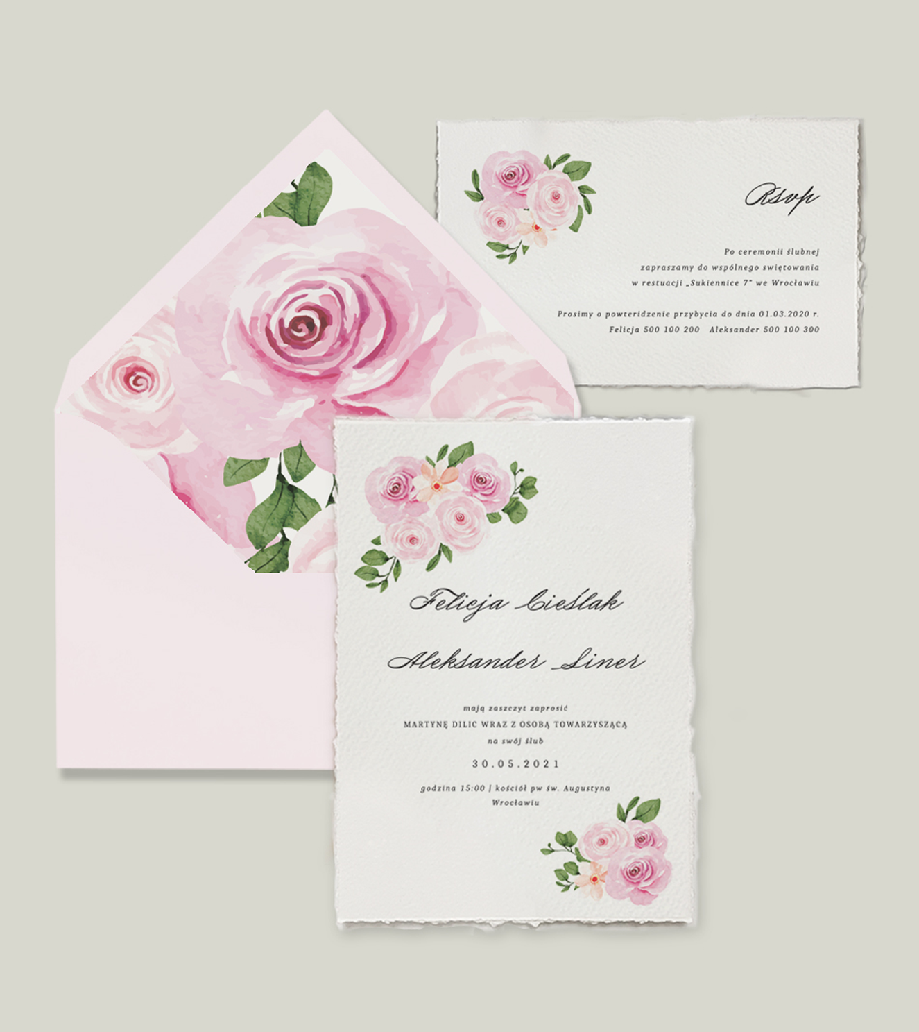 Różowe, zielone, kwiatowe zaproszenia. Romantyczne i eleganckie wykonane na papierze imitujący papier czerpany.