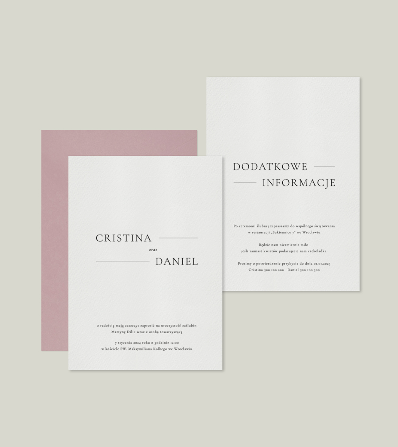 Minimalistyczne, personalizowane, czarno-białe zaproszenia ślubne z różową kopertą. Proste, z linią, line art.