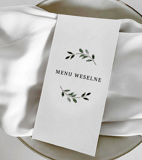 eleganckie menu weselne w stylu boho. Motyw przewodni menu - zielone, khaki listki.