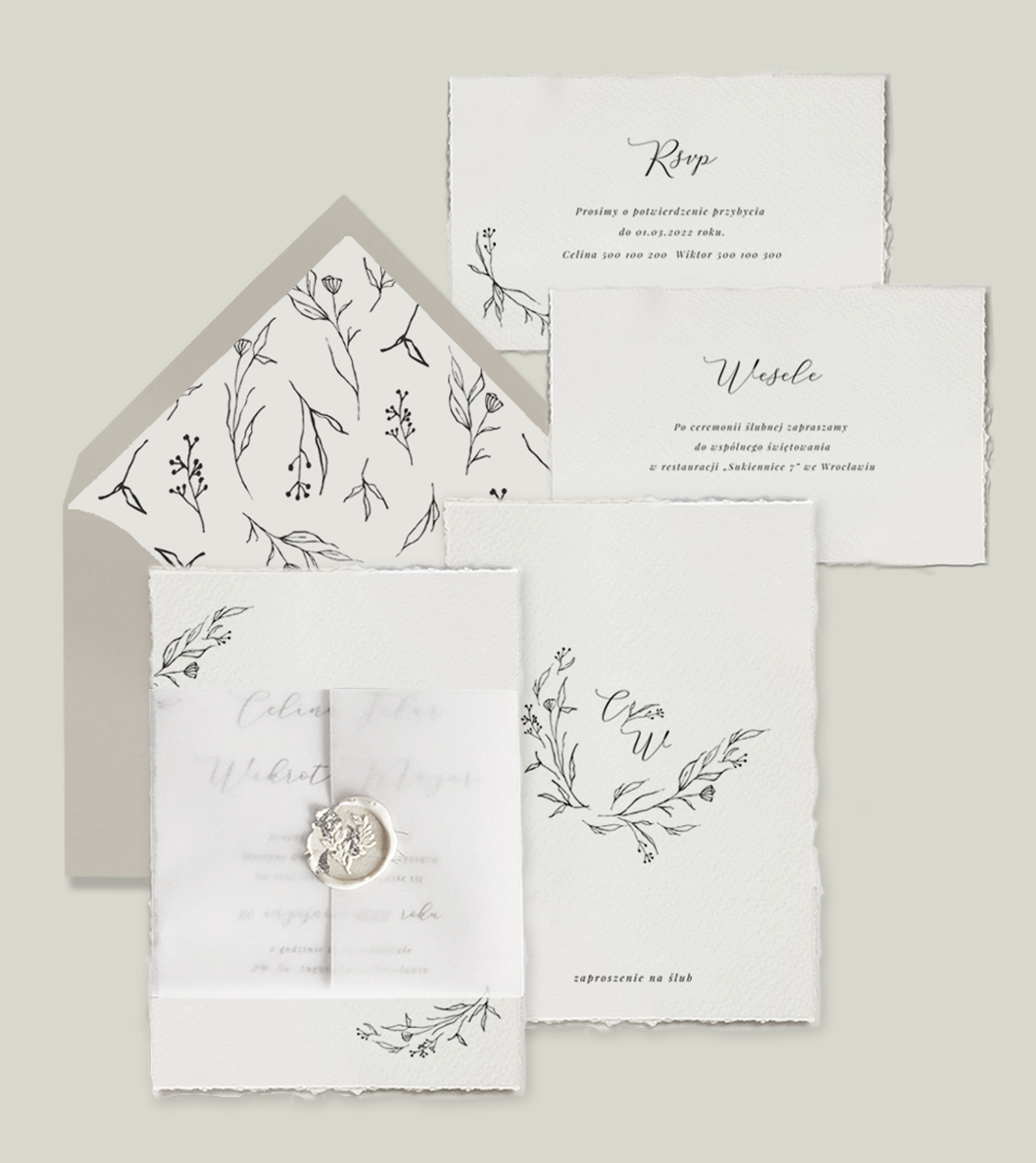 Minimalistyczne zaproszenia ślubne, szare, którego motywem są listki. Zaproszenia na ślub wykonane na papierze imitujący papier czerpany. Dodatkiem jest kalka oraz lak z drobinkami.