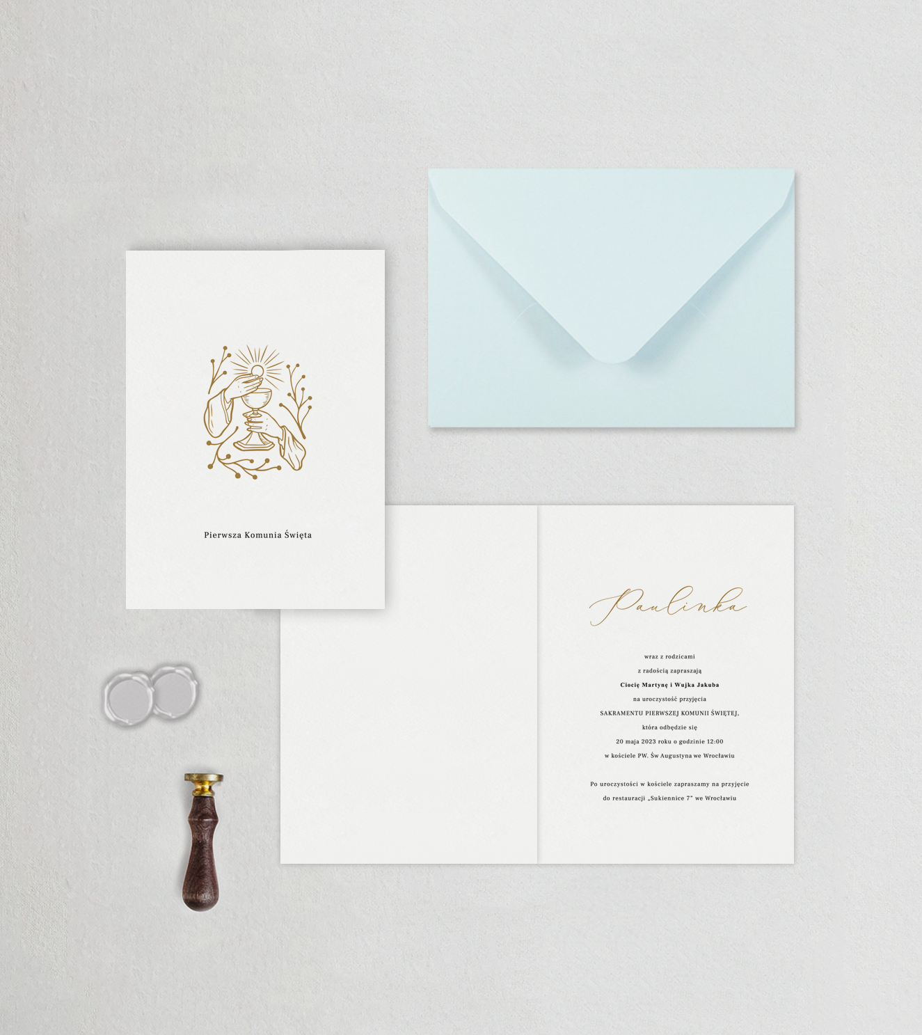 Zaproszenia na Komunię Święta - Hostia | Minimalistyczne | Złote