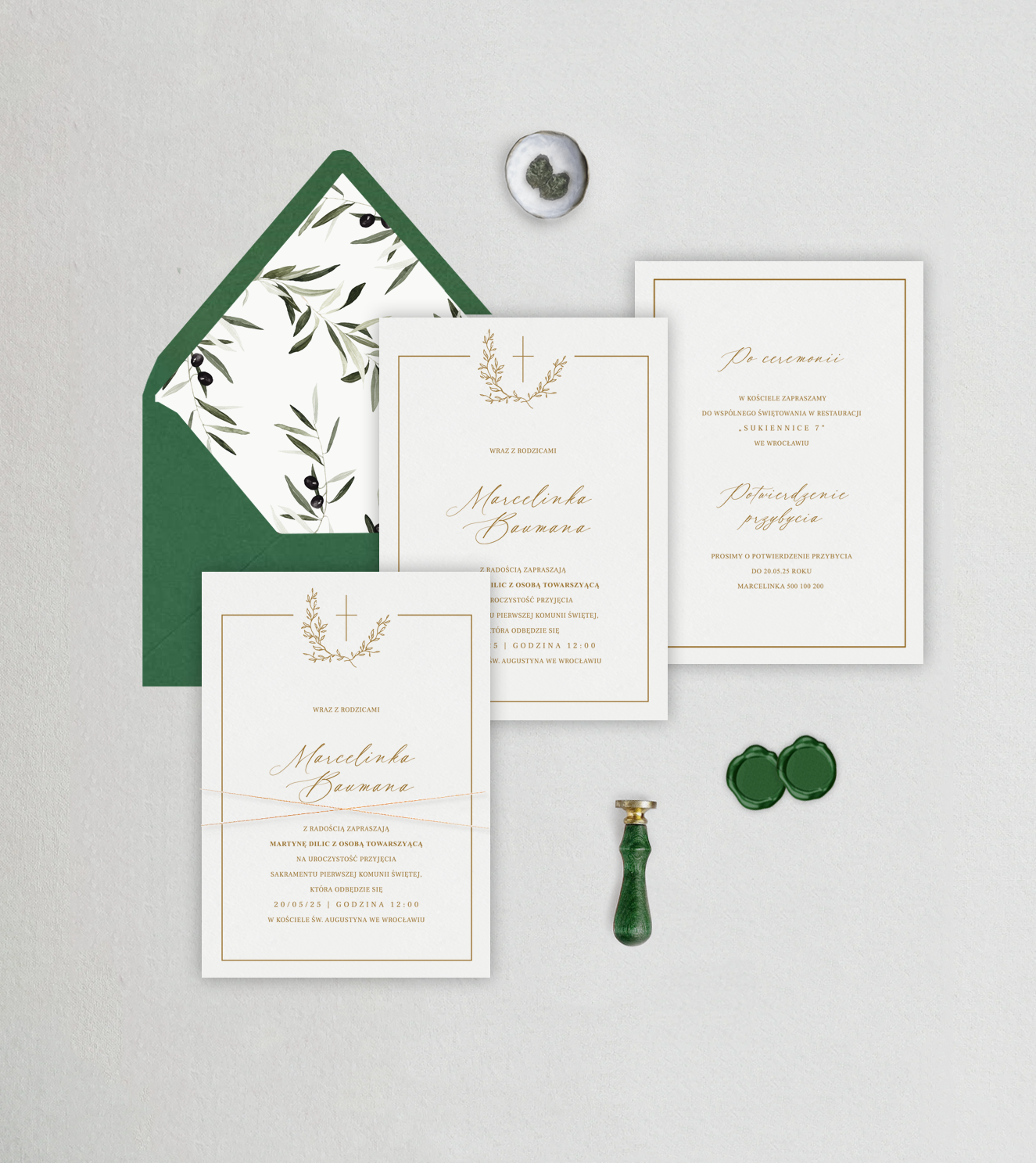 Zaproszenia na Komunię Świętą - Oliwki | Zielone | Złote