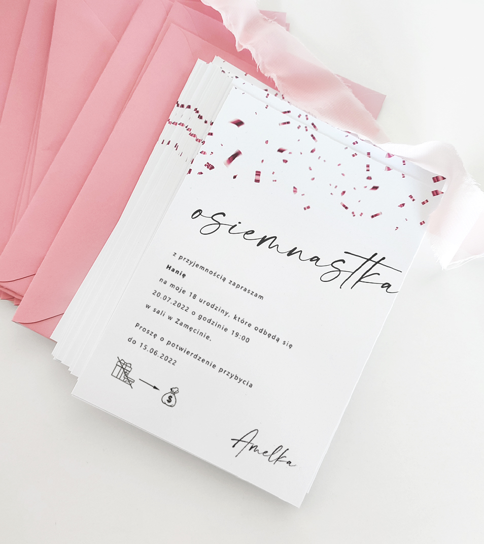 Zaproszenia na 18 - Confetti | Różowe | Glamour