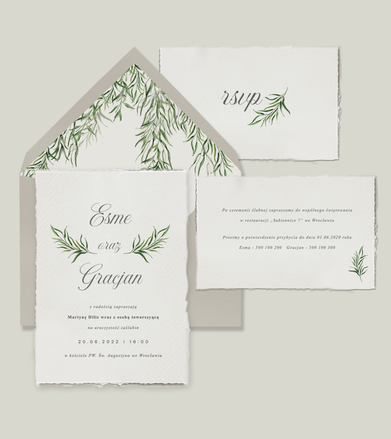 Szare, zielone zaproszenia ślubne z bluszczem. Romantyczne, eleganckie, watercolor na papierze imituj,ący papier czerpany.