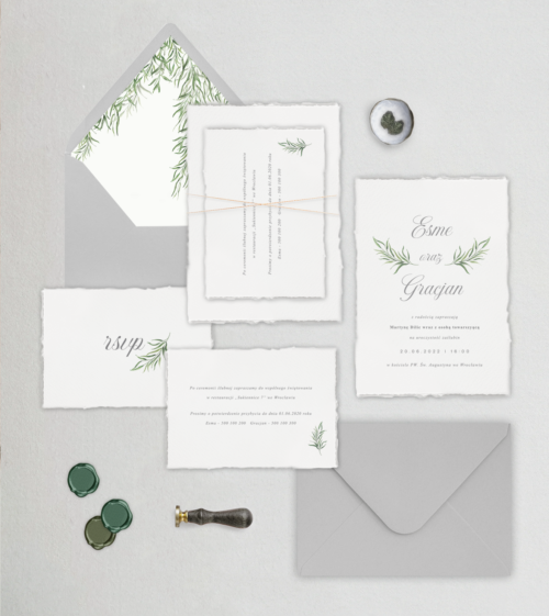 Szare, zielone zaproszenia ślubne z bluszczem. Romantyczne, eleganckie, watercolor na papierze imitujący papier czerpany.