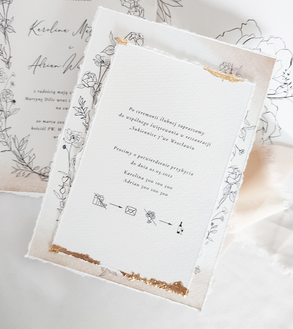 Zaproszenie ślubne, ręcznie złocone. Zastosowany papier czerpany.