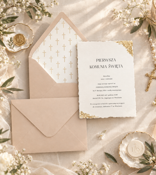 Eleganckie zaproszenia na Pierwszą Komunię Świętą, dla chłopca i dziewczynki. Zielone, złote, złocone - pełne klasy, a to sprawia, że są luksusowe i premium!