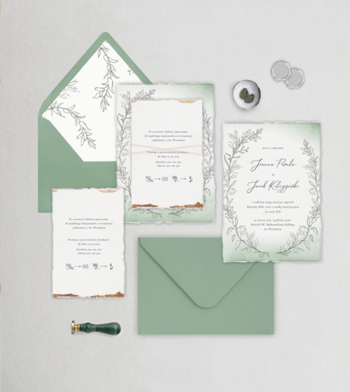 Zielone, eleganckie zaproszenia ślubne w stylu boho-gla. Motyw przewodni zaproszeń na ślub - listki, liście, lina art.