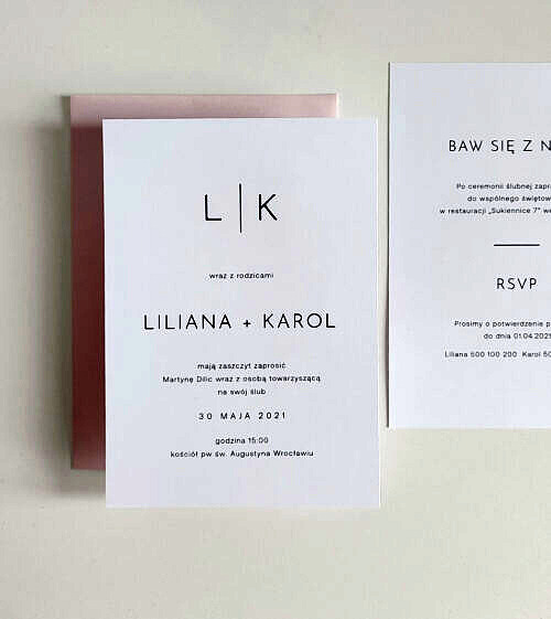 Proste, minimalistyczne, jednokartkowe zaproszenia ślubne. Eleganckie, czarno-białe.