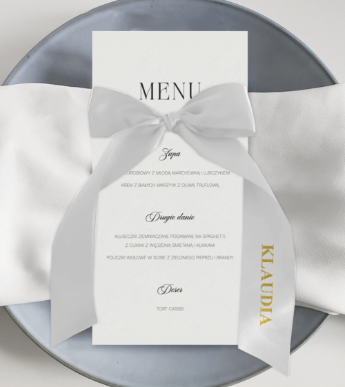 Menu weselne z winietką - wstążka satynowa personalizowana, biała.