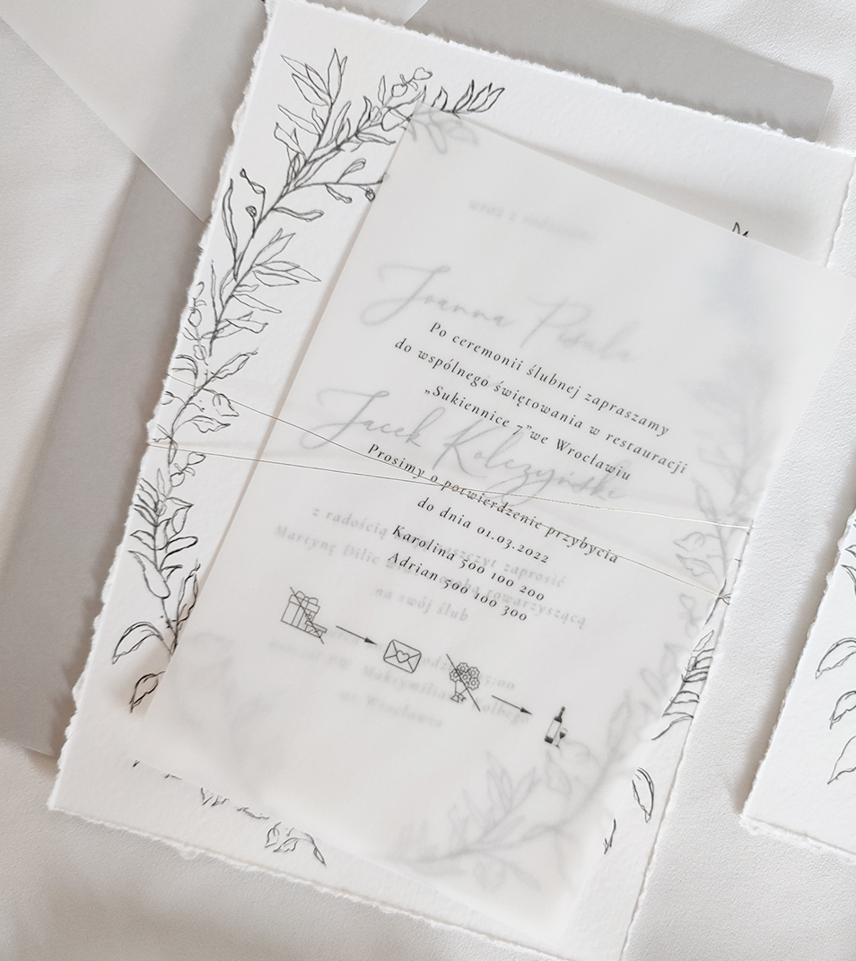 Zaproszenia ślubne, transparentne, w stylistyce boho-gram. Motyw przewodni zaproszenia ślubnego - listki.