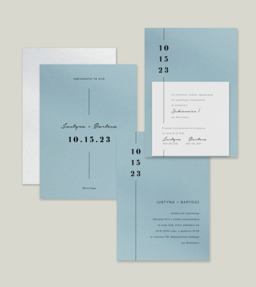 Niebieskie zaproszenia ślubne, zimowe, minimalistyczne, na niebieskim papierze.