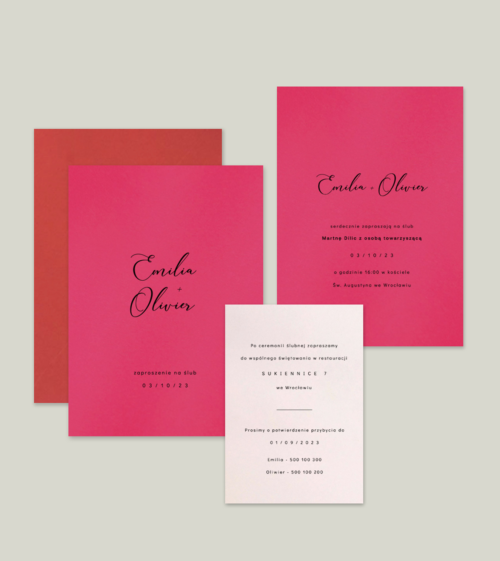Fuksjowe, różowe zaproszenia ślubne, minimalistyczne, proste.