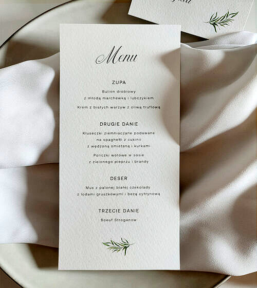Zielone, delikatne, menu weselne, leżące. Motyw przewodni listki, akwarela.