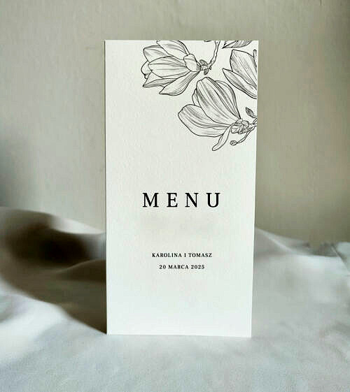 Minimalistyczne menu weselne. Motyw przewodni - magnolia.
