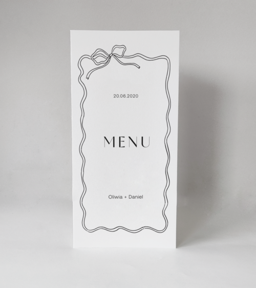 Minimalistyczne, eleganckie, otwierane menu weselne i na Baby Shower. Motyw przewodni menu - czarna kokarda, wstążka.