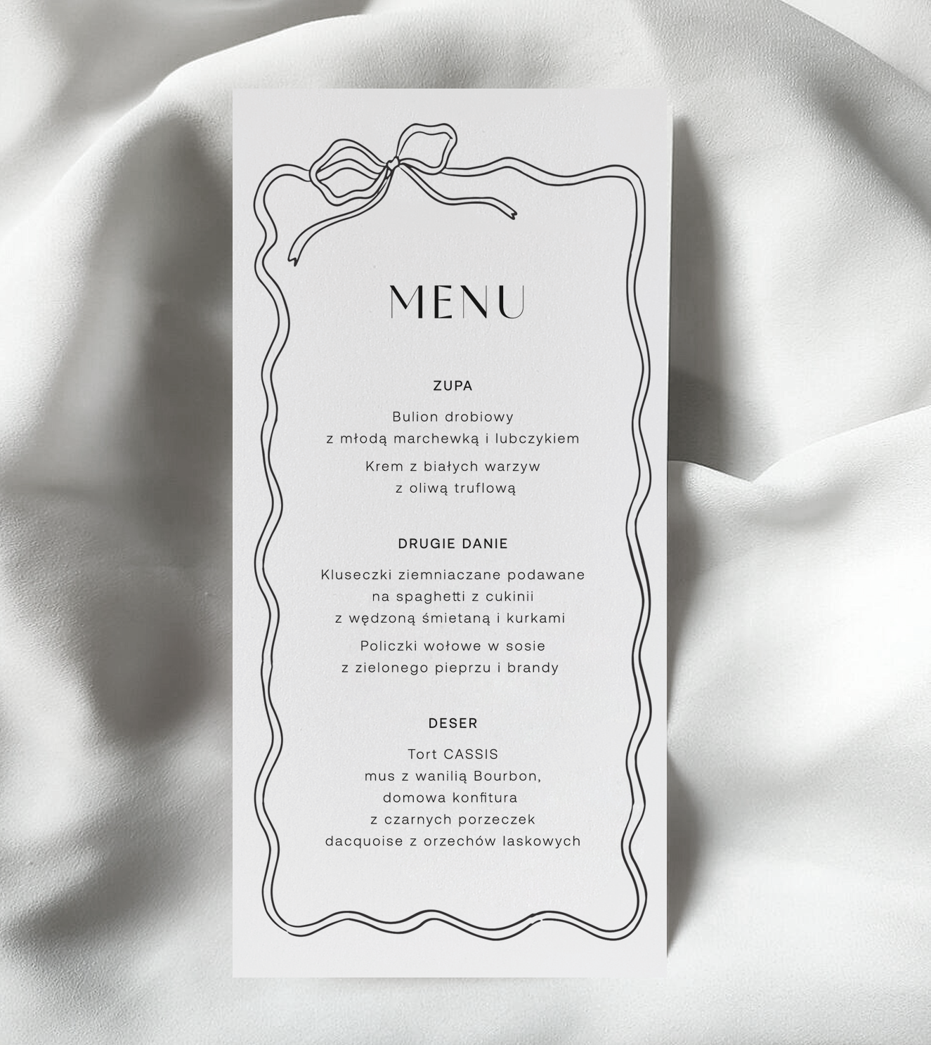 Czarno-białe menu weselne i na Baby Shower. Motyw przewodni menu - czarna kokarda, wstążka. line art.