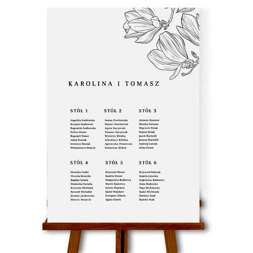 Minimalistyczny, czarno-biały plan stołów rozmieszczeni Gości weselnych. Motym przewodni planu stołów - magnolia.