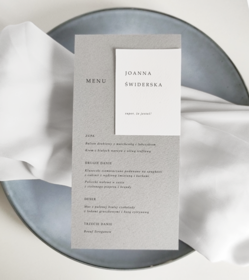 Minimalistyczne, eleganckie, luksusowe menu z winietką. Szare i białe.