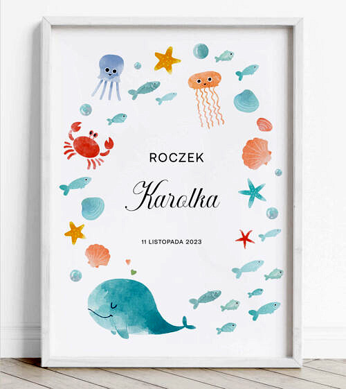 Tablica powitalna na urodziny dziecka, dziewczynki i chłopca z morskim motywem. Rybki, meduza, krab.